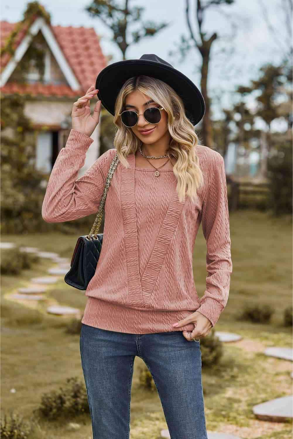 Square Neck Long Sleeve Blouse Dusty Pink Blouses - Tophatter Daily Deals