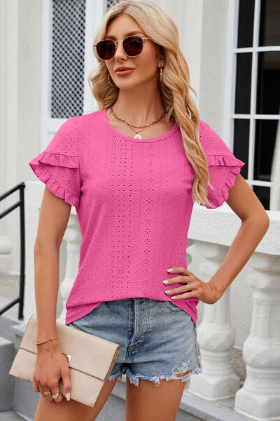 Eyelet Round Neck Petal Sleeve T-Shirt Women's T-Shirts - Tophatter Daily Deals