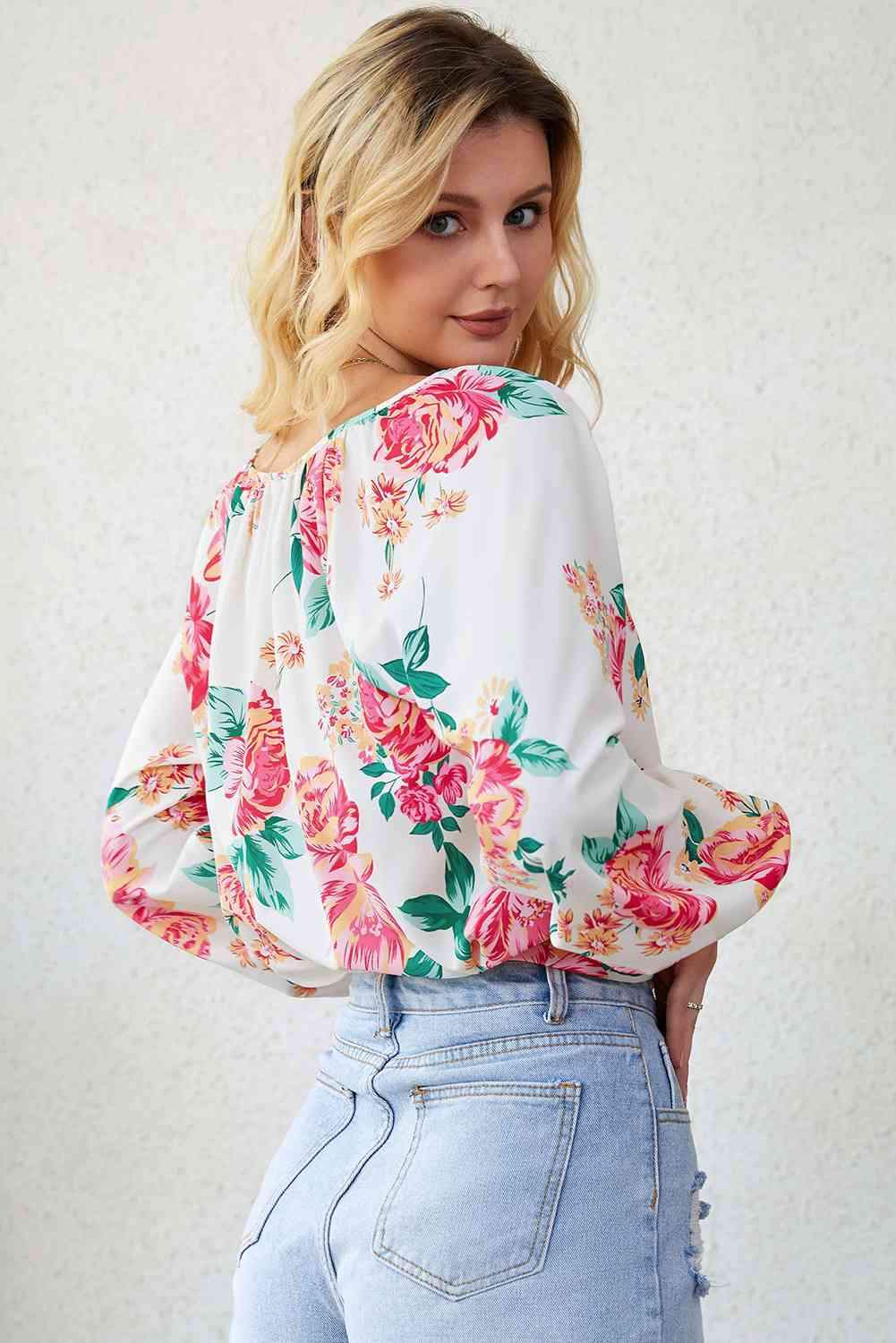 Double Take Floral Notched Neck Long Sleeve Blouse Blouses - Tophatter Daily Deals