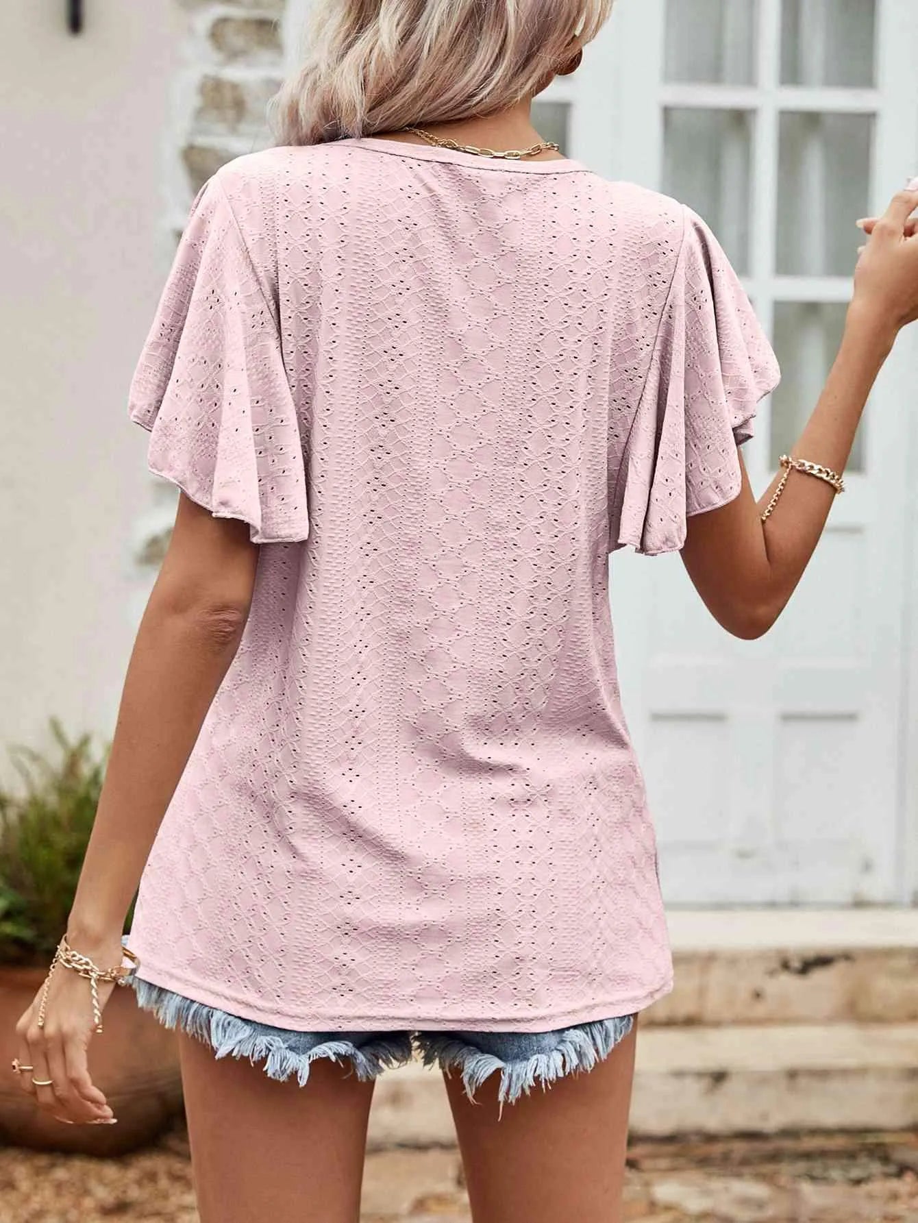 Round Neck Flutter Sleeve Blouse Blouses - Tophatter Daily Deals