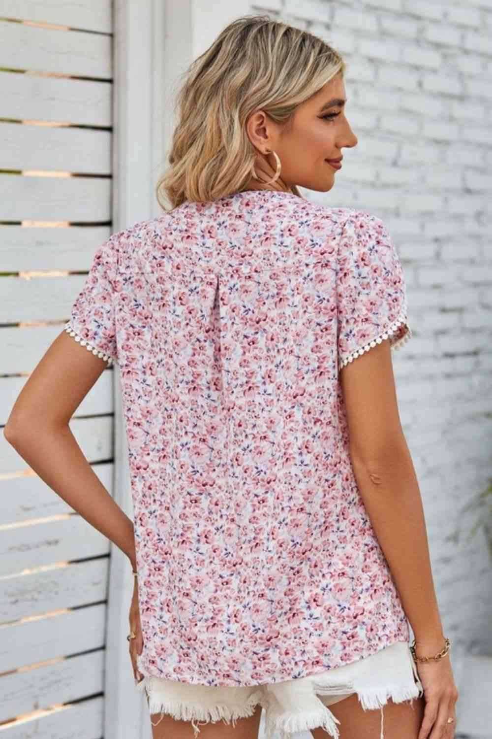 Floral Notched Neck Blouse Blouses - Tophatter Daily Deals