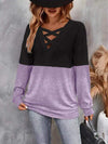 Contrast Crisscross V-Neck Long Sleeve Top Women's T-Shirts - Tophatter Daily Deals