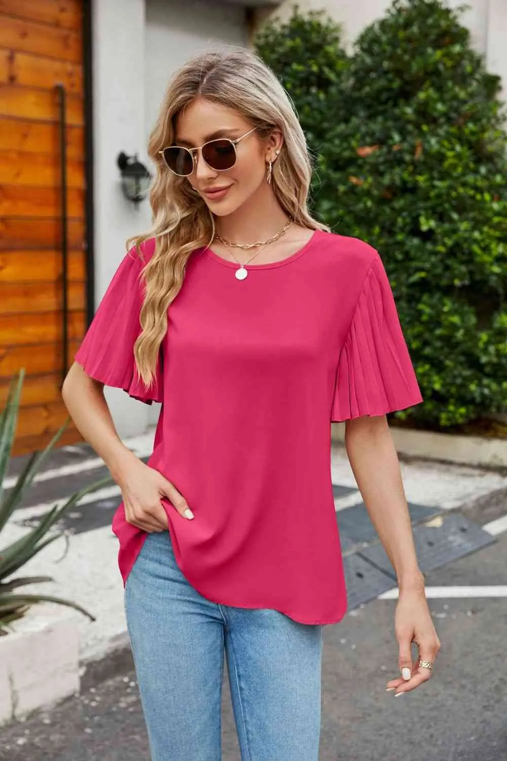 Pleated Flutter Sleeve Round Neck Blouse Blouses - Tophatter Daily Deals