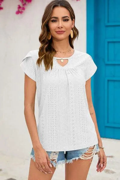 Eyelet Round Neck Short Sleeve T-Shirt White Women's T-Shirts - Tophatter Daily Deals