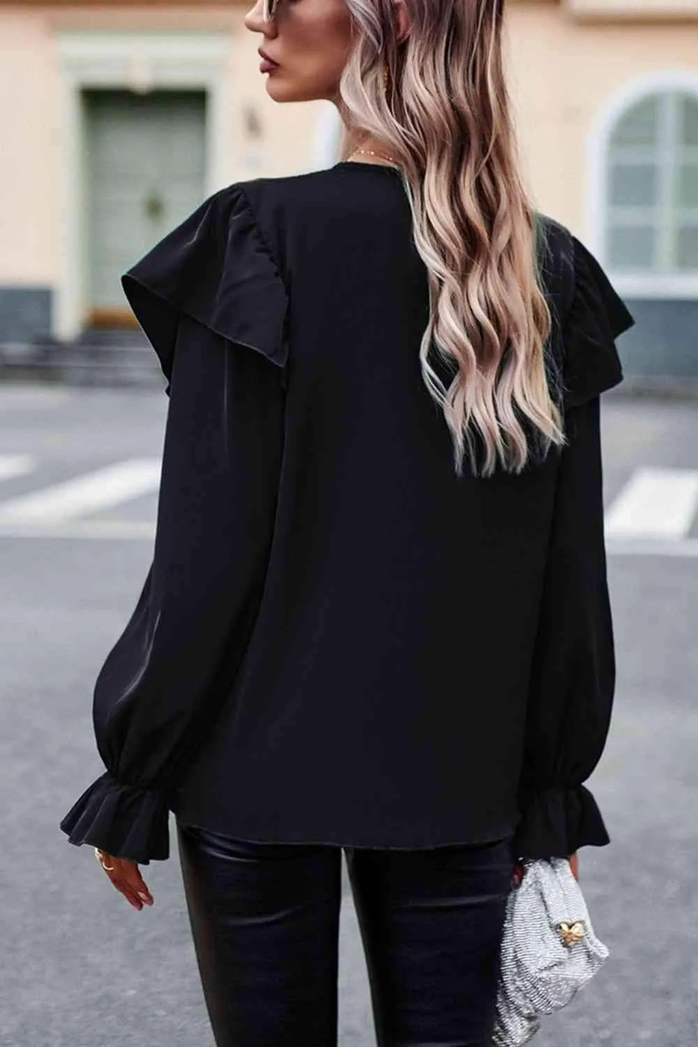 V-Neck Flounce Sleeve Ruffle Trim Blouse Blouses - Tophatter Daily Deals