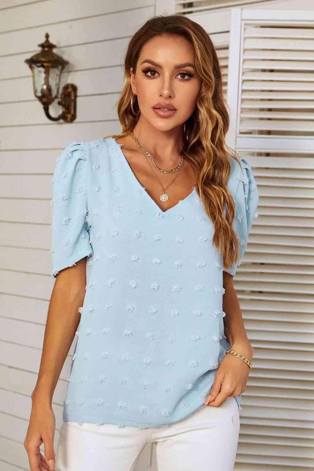 Swiss Dot V-Neck Puff Sleeve Blouse Mint Blue Blouses - Tophatter Daily Deals