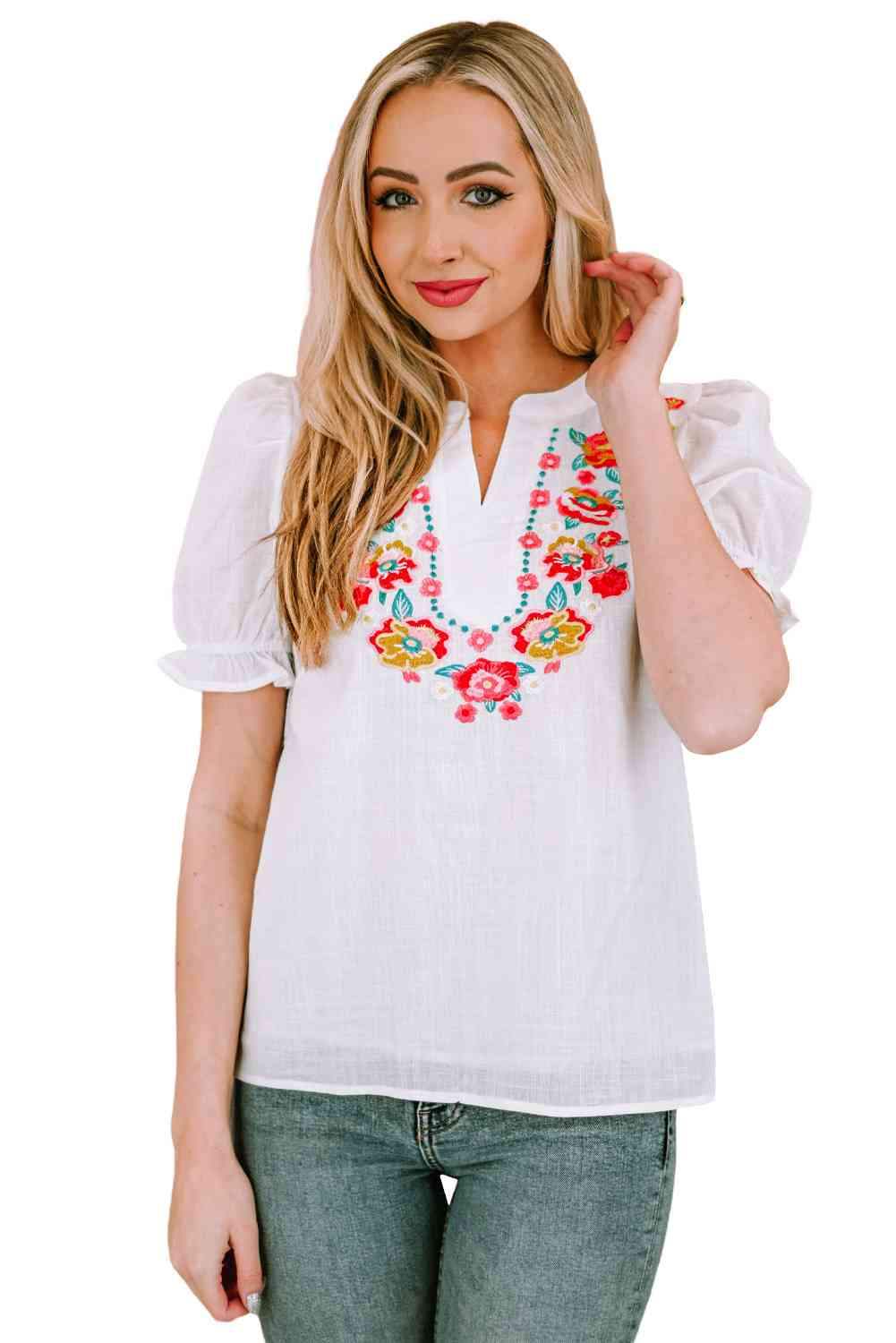 Embroidered Notched Neck Flounce Sleeve Top Blouses - Tophatter Daily Deals