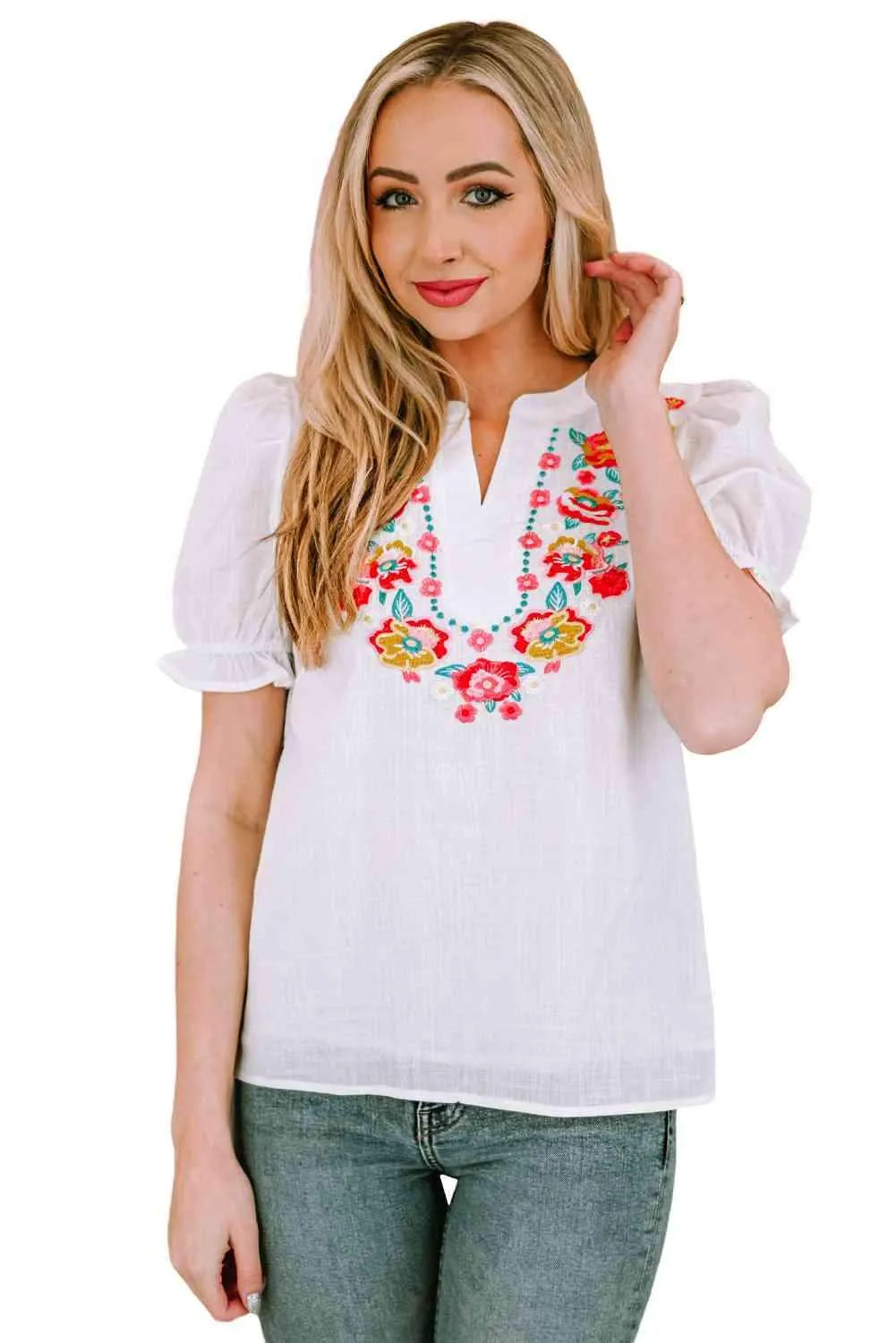 Embroidered Notched Neck Flounce Sleeve Top Blouses - Tophatter Daily Deals