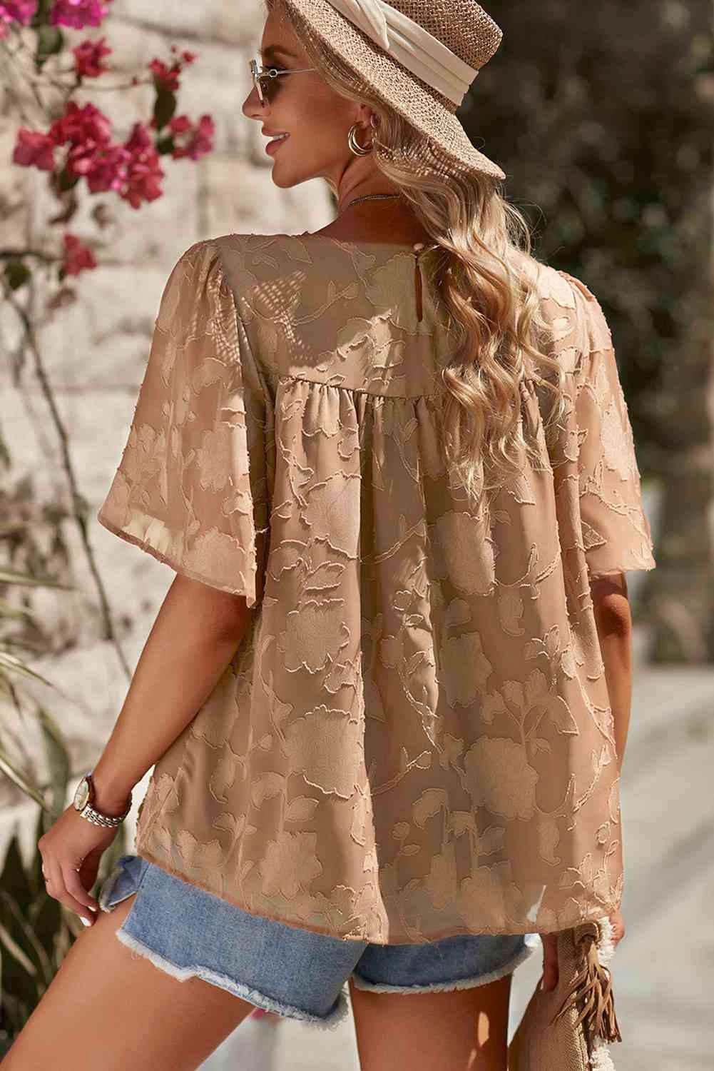 Round Neck Puff Sleeve Blouse Blouses - Tophatter Daily Deals