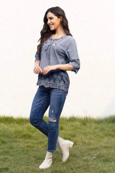 Tie Neck Lace Detail Half Sleeve Blouse Charcoal Blouses - Tophatter Daily Deals