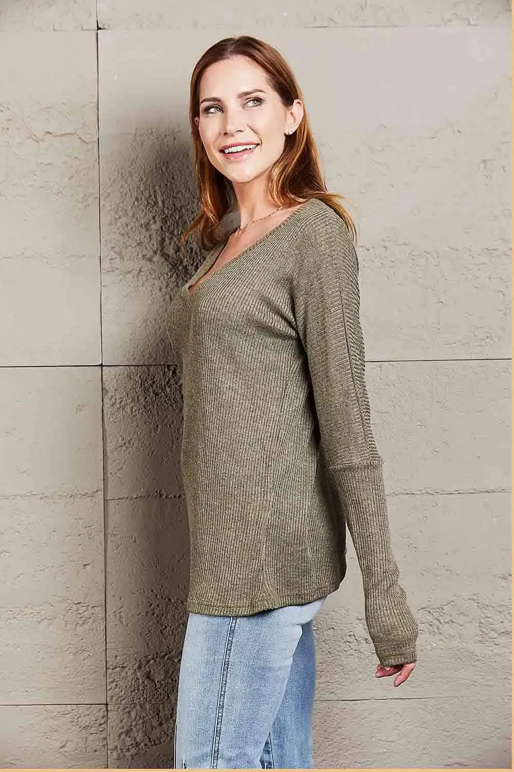 V-Neck Long Sleeve Ribbed Top Blouses - Tophatter Daily Deals