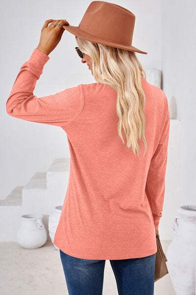 Notched Button Detail Long Sleeve T-Shirt Women's T-Shirts - Tophatter Daily Deals