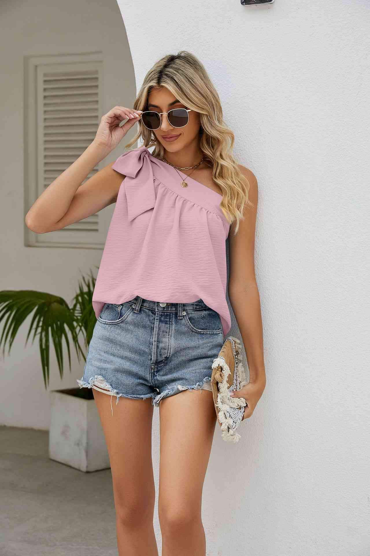 Tied One-Shoulder Sleeveless Top Blouses - Tophatter Daily Deals