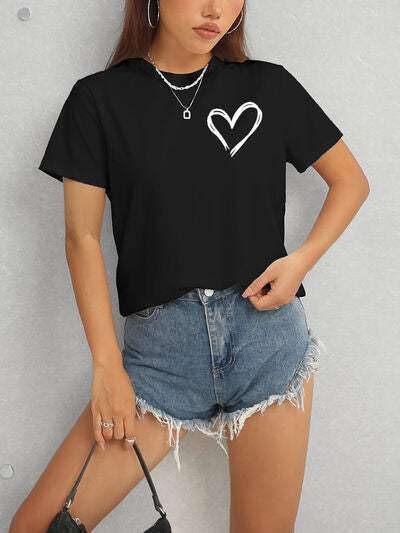 Heart Round Neck Short Sleeve T-Shirt Women's T-Shirts - Tophatter Daily Deals