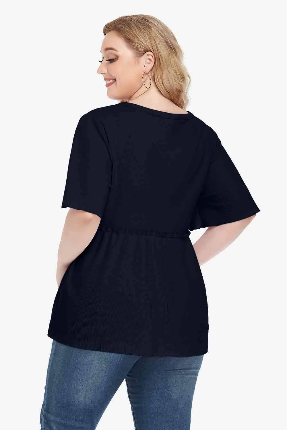 Plus Size Buttoned V-Neck Frill Trim Babydoll Blouse Blouses - Tophatter Daily Deals