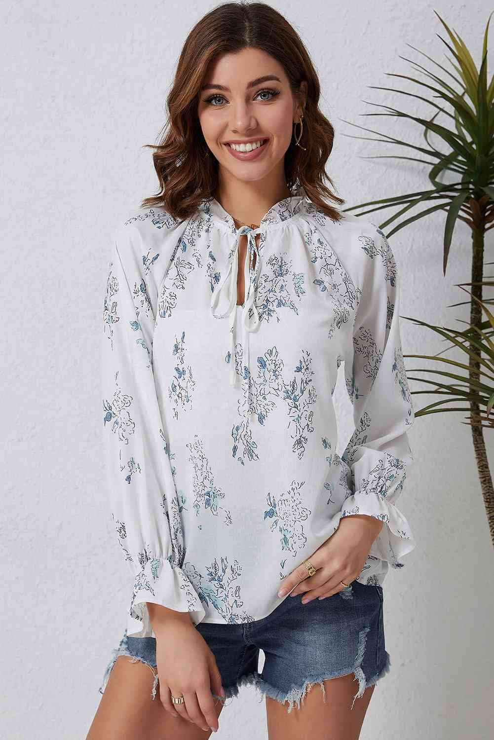 Double Take Floral Tie Neck Flounce Sleeve Blouse Floral Blouses - Tophatter Daily Deals