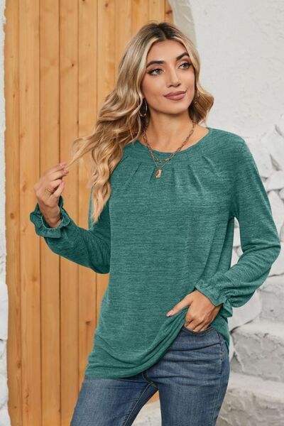 Ruched Round Neck Flounce Sleeve T-Shirt Women's T-Shirts - Tophatter Daily Deals