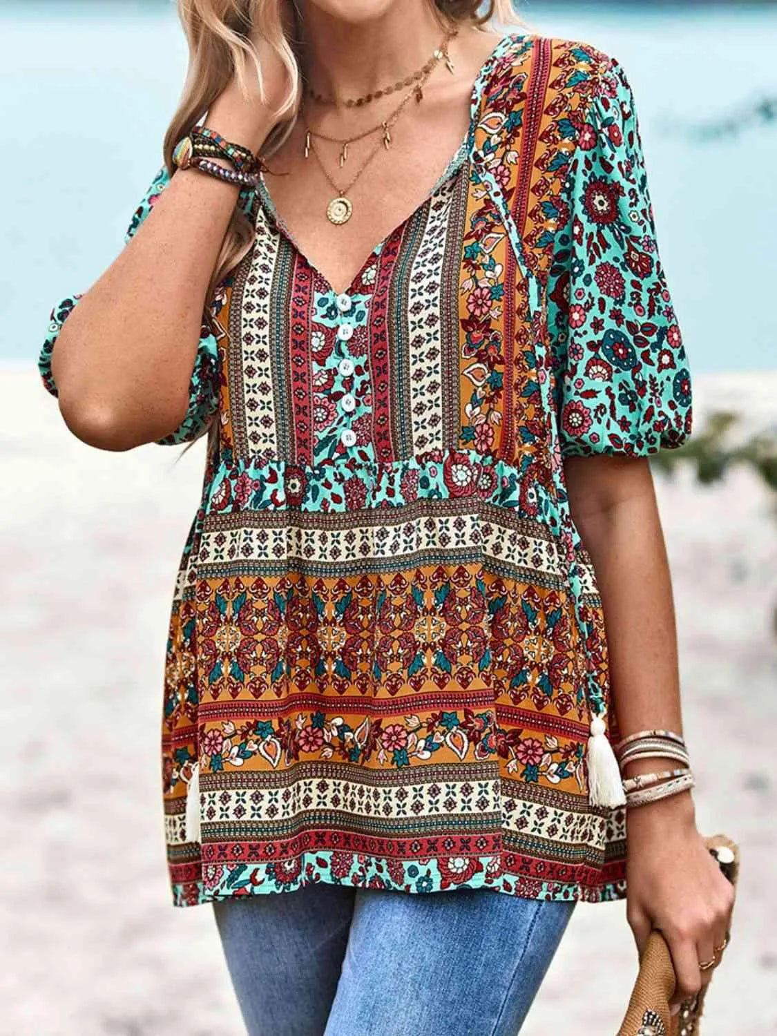 Bohemian Tie Neck Babydoll Blouse Blouses - Tophatter Daily Deals