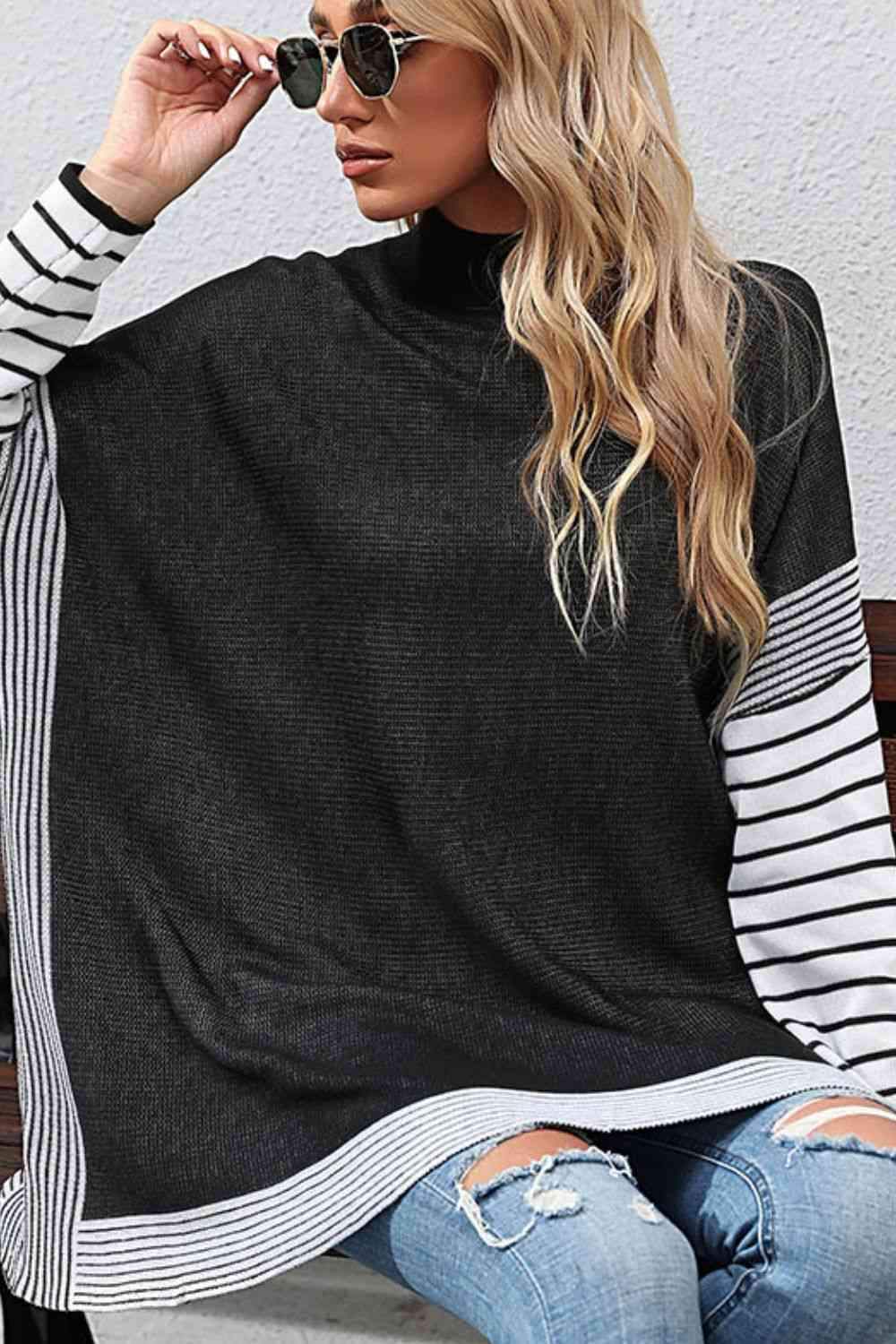 Striped Dolman Sleeve Mock Neck Knit Pullover Blouses - Tophatter Daily Deals