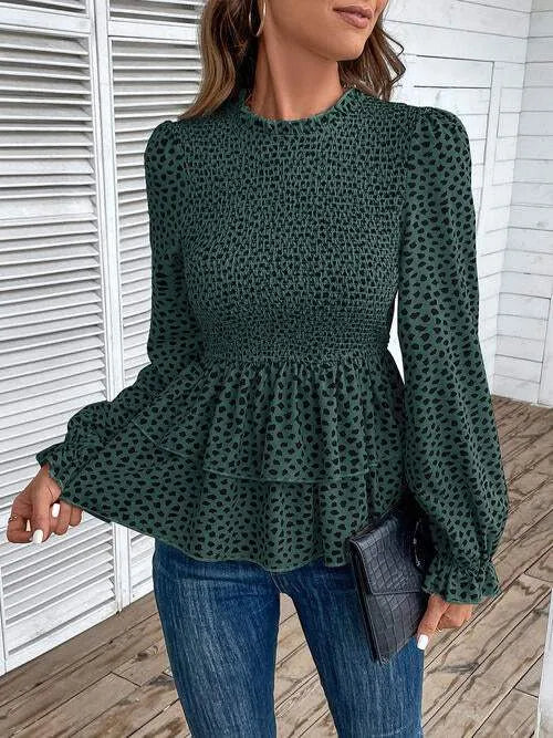Printed Round Neck Smocked Flounce Sleeve T-Shirt Green Blouses - Tophatter Daily Deals