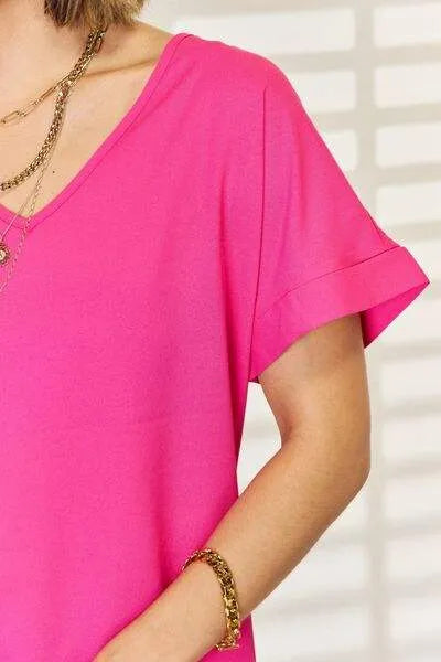 Zenana V-Neck Rolled Short Sleeve T-Shirt Blouses - Tophatter Daily Deals