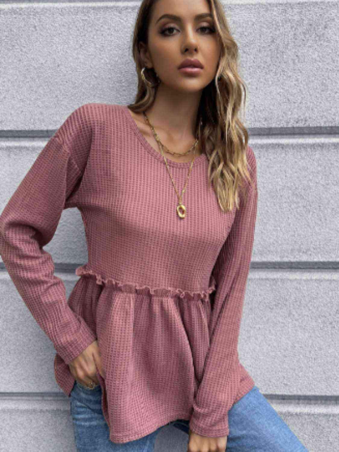 Waffle-Knit Long Sleeve Peplum Blouse Blouses - Tophatter Daily Deals