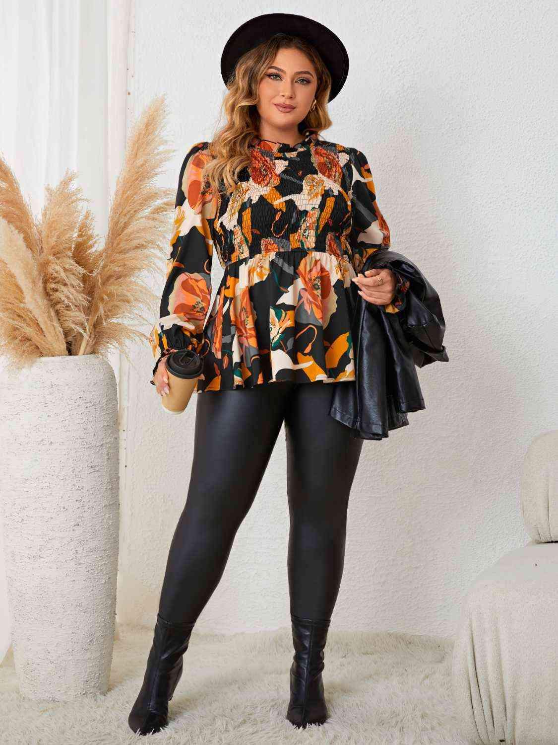 Plus Size Elastic Detail Long Sleeve Floral Babydoll Top Blouses - Tophatter Daily Deals