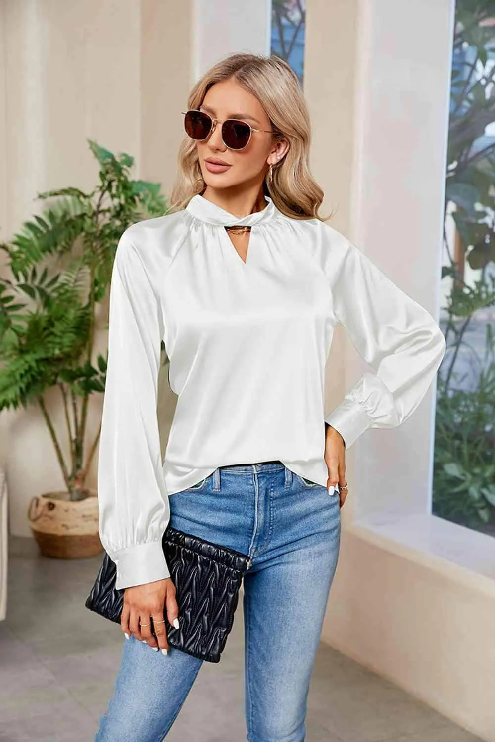 Cutout Mock Neck Long Sleeve Top Blouses - Tophatter Daily Deals