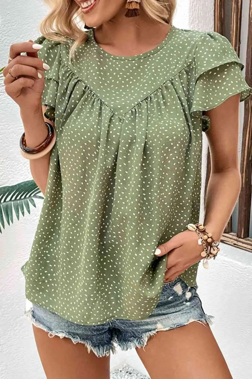 Printed Round Neck Puff Sleeve Blouse Gum Leaf Blouses - Tophatter Daily Deals