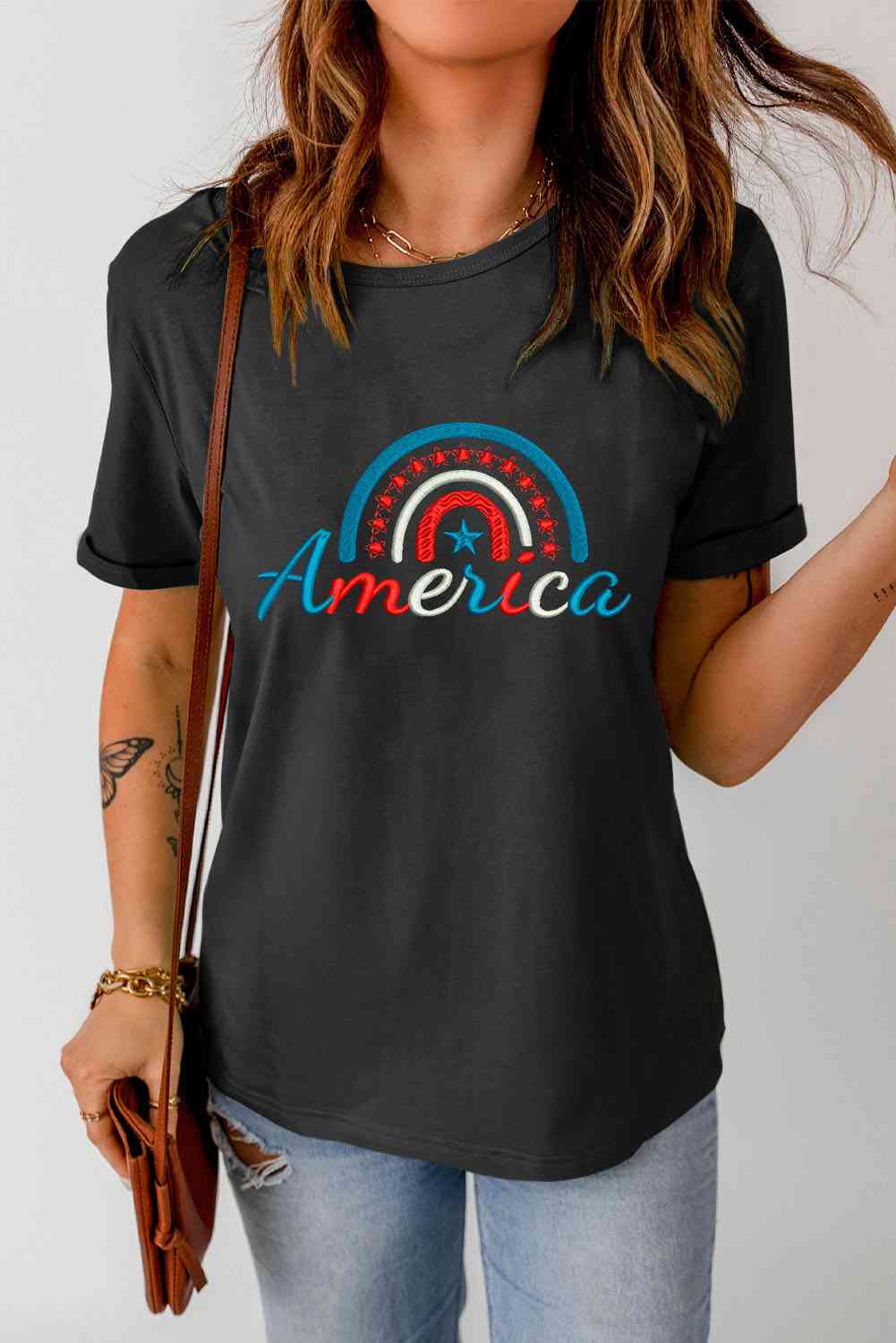 AMERICA Embroidered Round Neck Cuffed Tee Shirt Women's T-Shirts - Tophatter Daily Deals