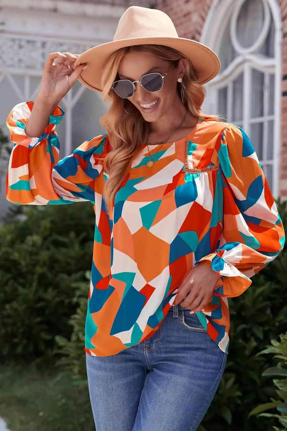 Abstract Pattern Crewneck Ruffled Puff Sleeve Blouse Orange Blouses - Tophatter Daily Deals