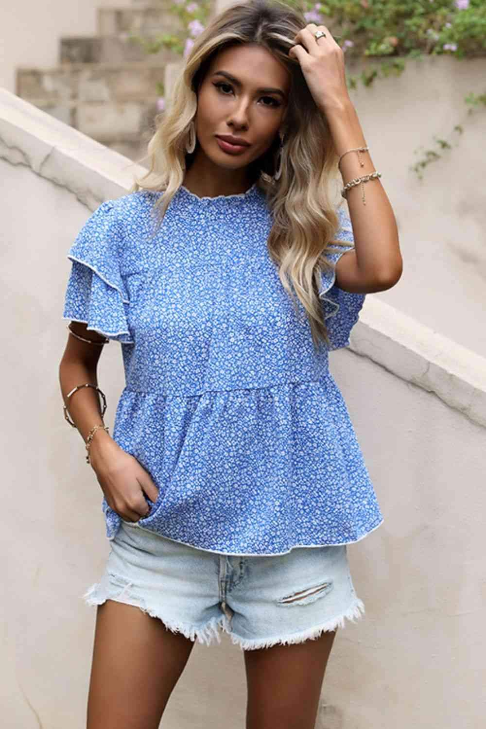 Ditsy Floral Layered Flutter Sleeve Blouse Blouses - Tophatter Daily Deals