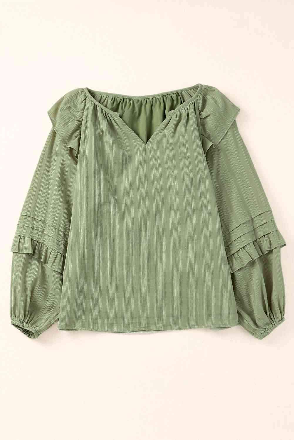 Ruffled Notched Neck Balloon Sleeve Blouse Blouses - Tophatter Daily Deals