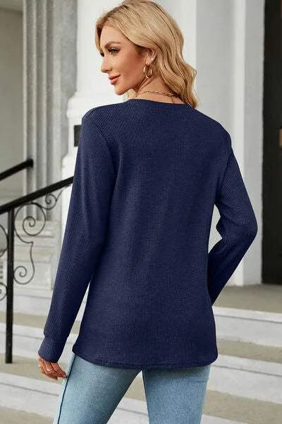 Waffle-Knit Notched Long Sleeve T-Shirt Women's T-Shirts - Tophatter Daily Deals