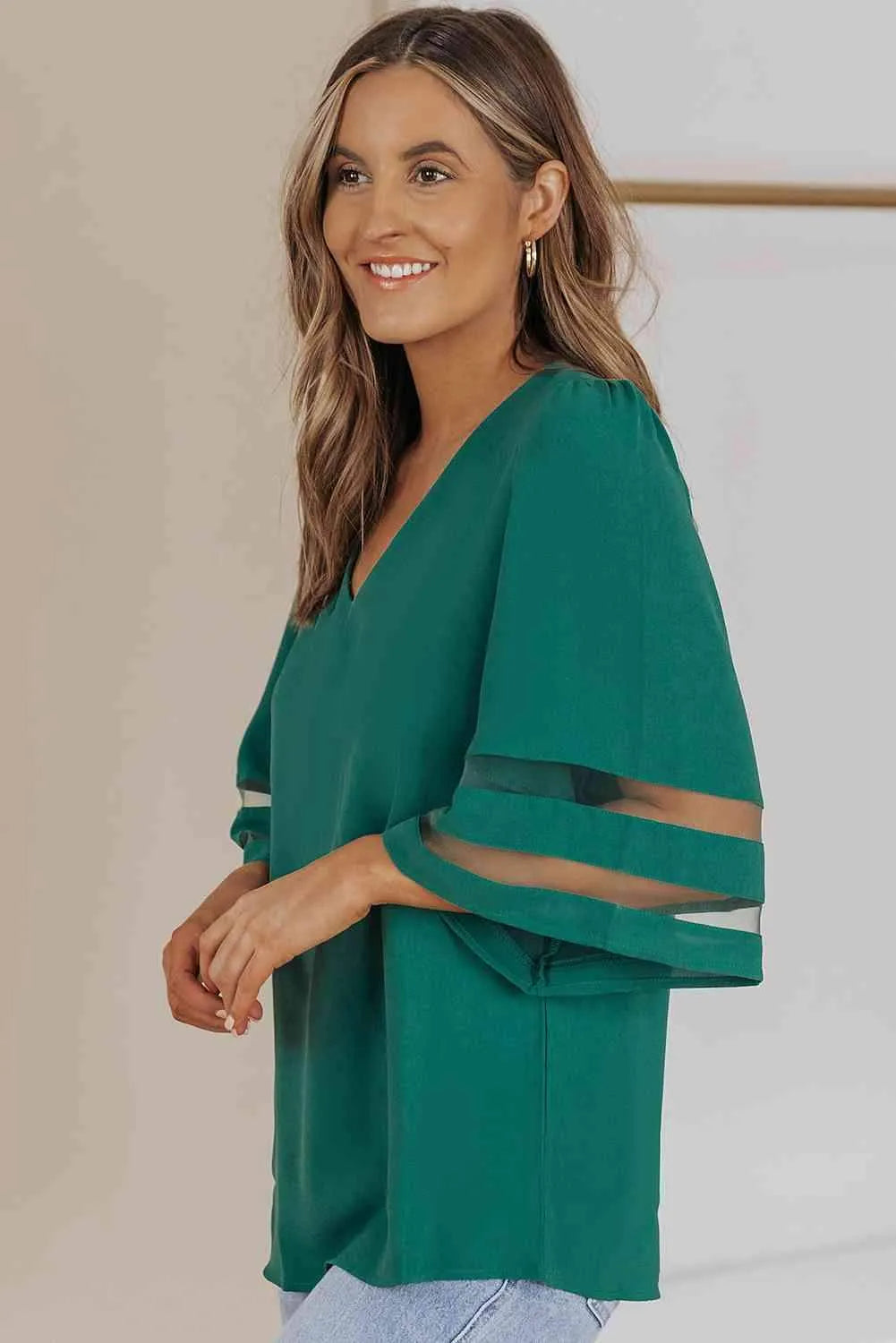 Sheer Striped Flare Sleeve V-Neck Blouse Blouses - Tophatter Daily Deals