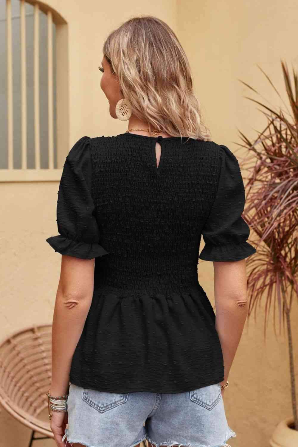 Swiss Dot Smocked Peplum Blouse Blouses - Tophatter Daily Deals