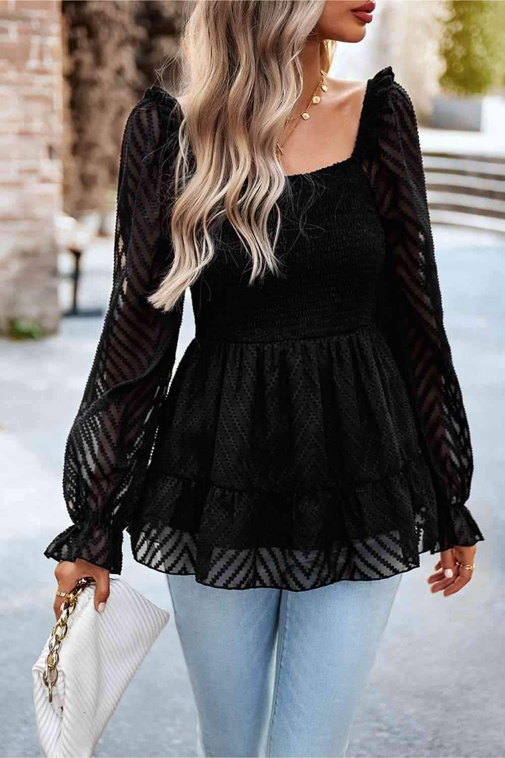 Square Neck Flounce Sleeve Peplum Top Black Blouses - Tophatter Daily Deals