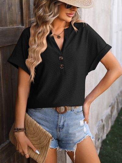 Eyelet Notched Short Sleeve T-Shirt Women's T-Shirts - Tophatter Daily Deals