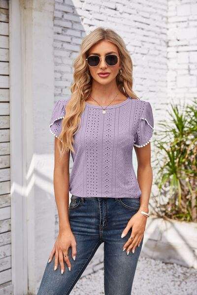 Eyelet Round Neck Petal Sleeve T-Shirt Women's T-Shirts - Tophatter Daily Deals