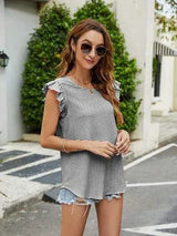 Plaid Ruffled Round Neck Cap Sleeve T-Shirt Women's T-Shirts - Tophatter Daily Deals