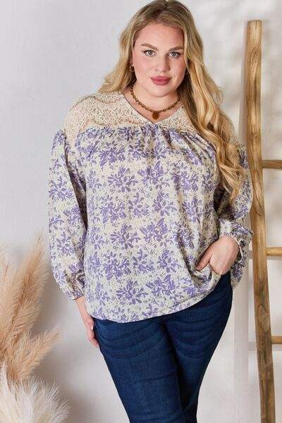 Hailey & Co Full Size Lace Detail Printed Blouse Blouses - Tophatter Daily Deals