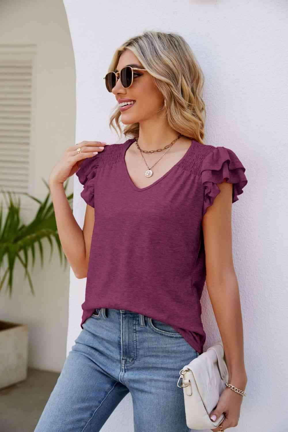 Smocked Flutter Sleeve V-Neck Top Plum Blouses - Tophatter Daily Deals