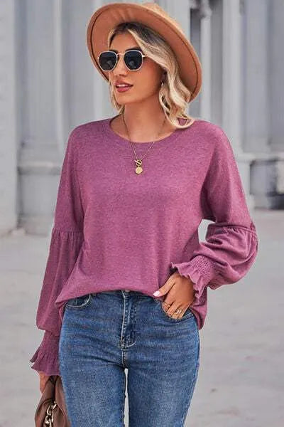 Round Neck Flounce Sleeve Blouse Blouses - Tophatter Daily Deals