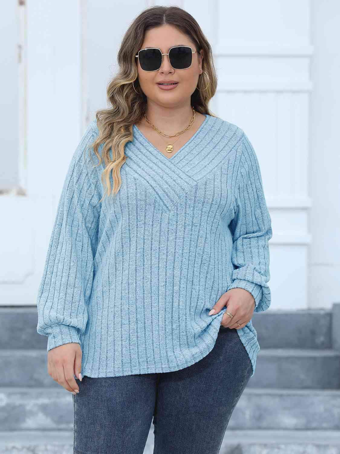 Plus Size Ribbed V-Neck Long Sleeve Top Pastel Blue Women's T-Shirts - Tophatter Daily Deals