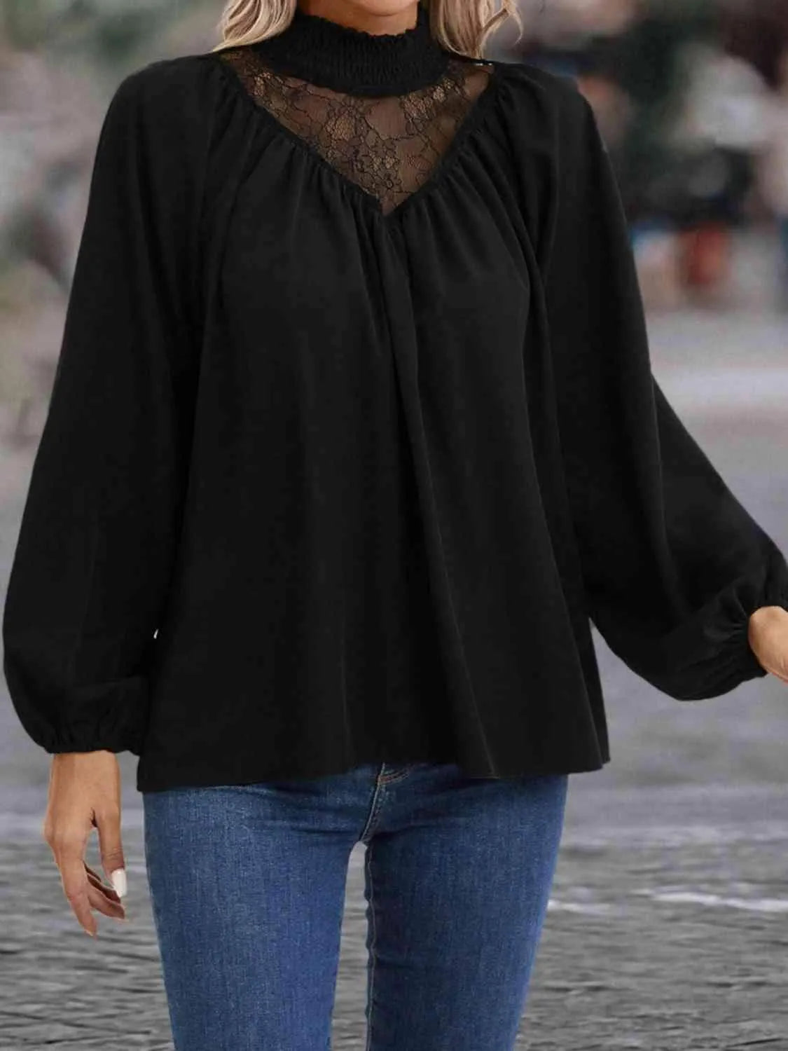 Lace Detail Mock Neck Top Blouses - Tophatter Daily Deals