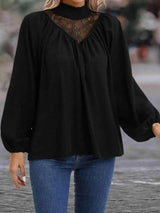 Lace Detail Mock Neck Top Blouses - Tophatter Daily Deals