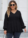 Plus Size Ribbed V-Neck Long Sleeve Blouse Black Blouses - Tophatter Daily Deals