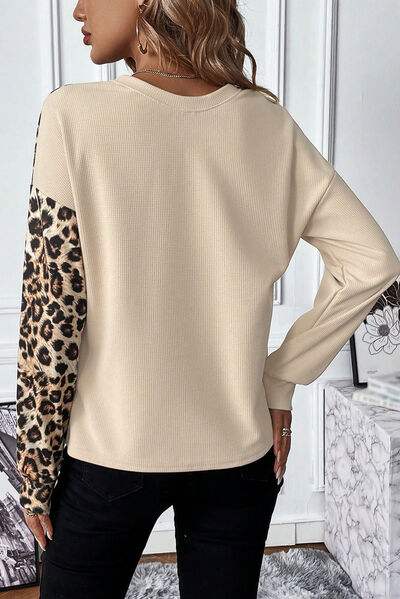 Leopard Waffle Knit Long Sleeve T-Shirt Women's T-Shirts - Tophatter Daily Deals