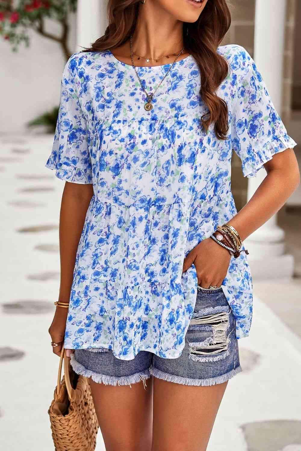 Printed Round Neck Tiered Top Blouses - Tophatter Daily Deals