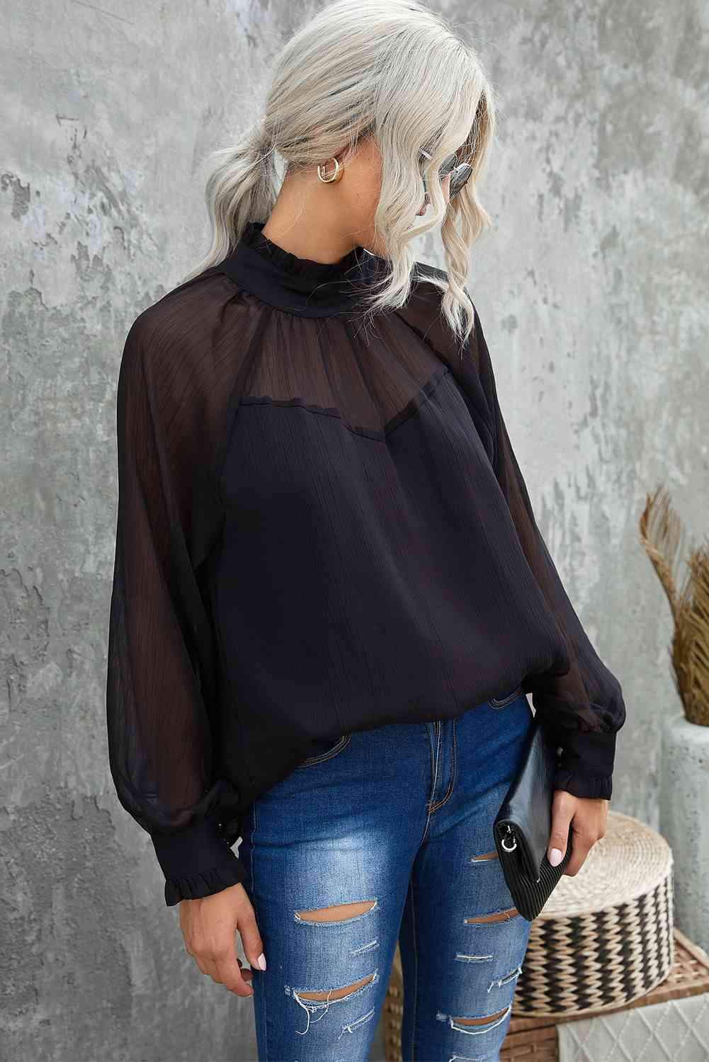 Frill Neck Spliced Mesh Blouse Blouses - Tophatter Daily Deals